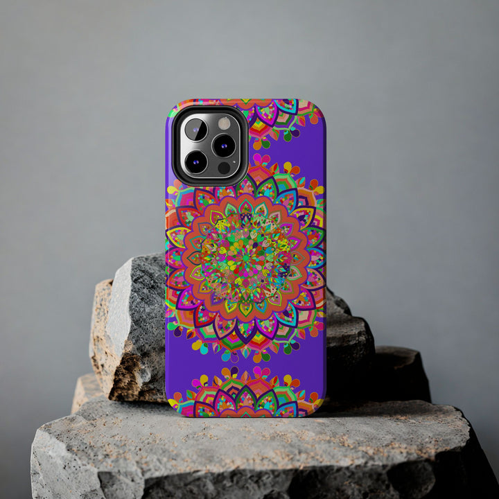 A close-up image of a hand-drawn purple mandala art phone case for sale