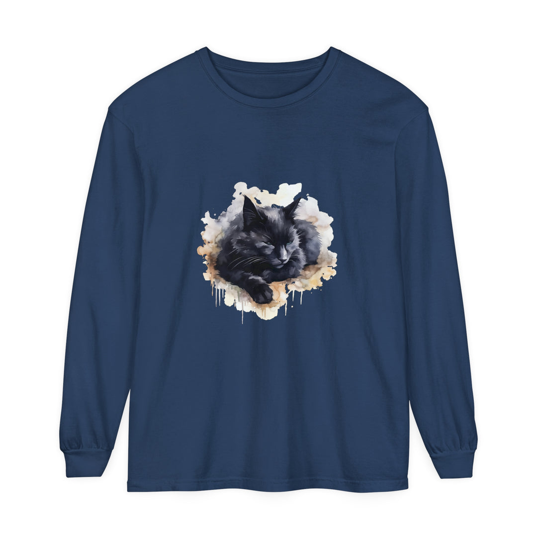 Beautiful watercolor illustration of a sleeping black cat on a soft, comfortable T-shirt