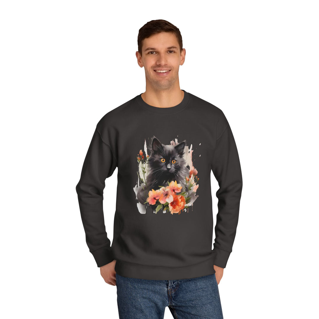 Black Cat and Blossoming Flowers Soft Cotton Sweatshirt