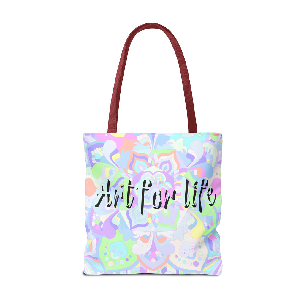 Colorful mandala tote bag with 'Art for Life' quote, perfect for carrying all your essentials in style