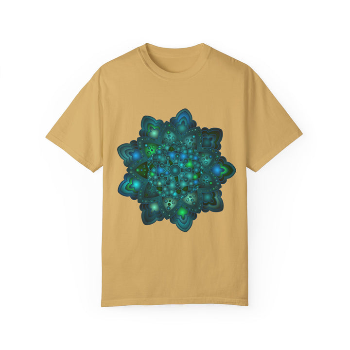 Intricate blue and green mandala design t-shirt for men and women