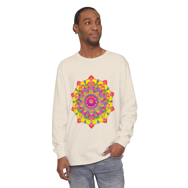 Colorful long sleeve t-shirt featuring a vibrant mandala design in multiple hues