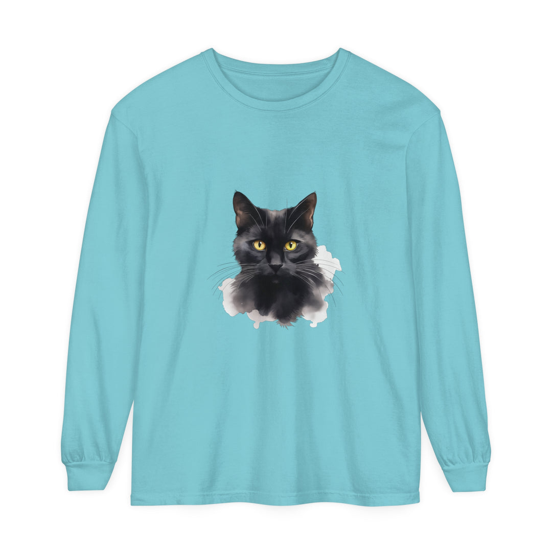 A close-up image of a black cat portrait printed on a unisex long sleeve t-shirt