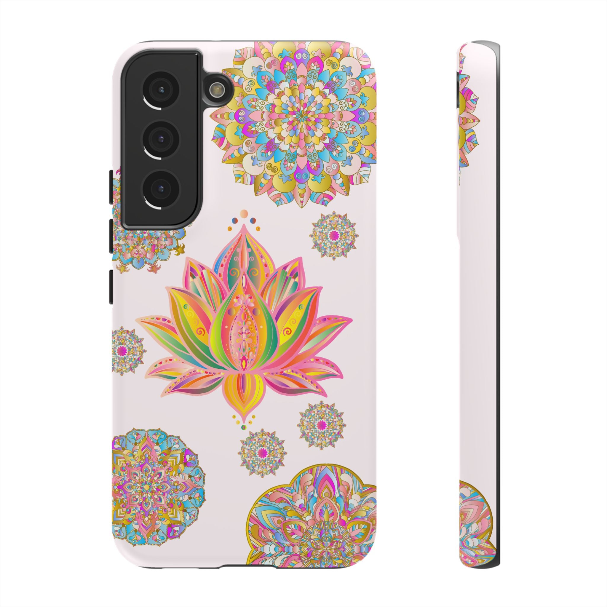 A light pink phone case with a mandala design featuring a lotus flower pattern