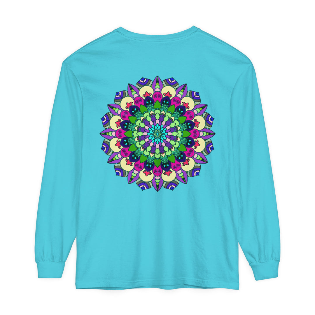 Colorful and intricately designed Vibrant Mandala Long Sleeve T-Shirt for both men and women, perfect for adding a pop of style to your wardrobe