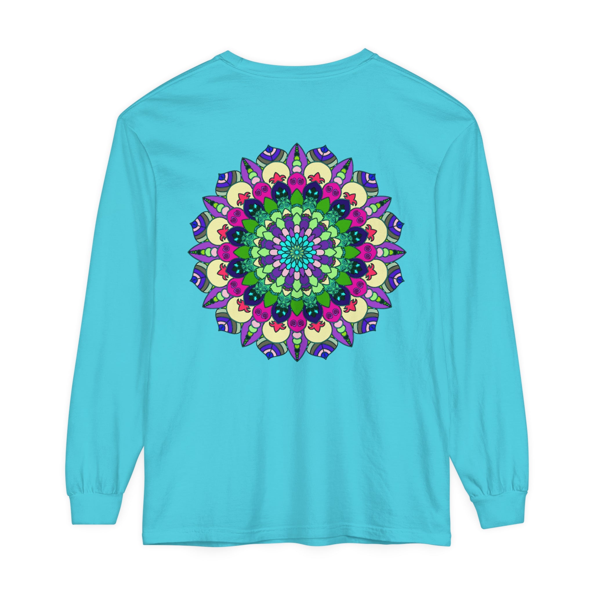 Colorful and intricately designed Vibrant Mandala Long Sleeve T-Shirt for both men and women, perfect for adding a pop of style to your wardrobe