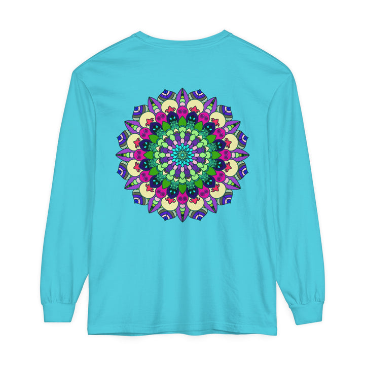 Colorful and intricately designed Vibrant Mandala Long Sleeve T-Shirt for both men and women, perfect for adding a pop of style to your wardrobe