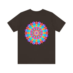 A vibrant mandala tee featuring intricate patterns and colors representing spiritual peace and harmony, perfect for adding a touch of tranquility to your wardrobe