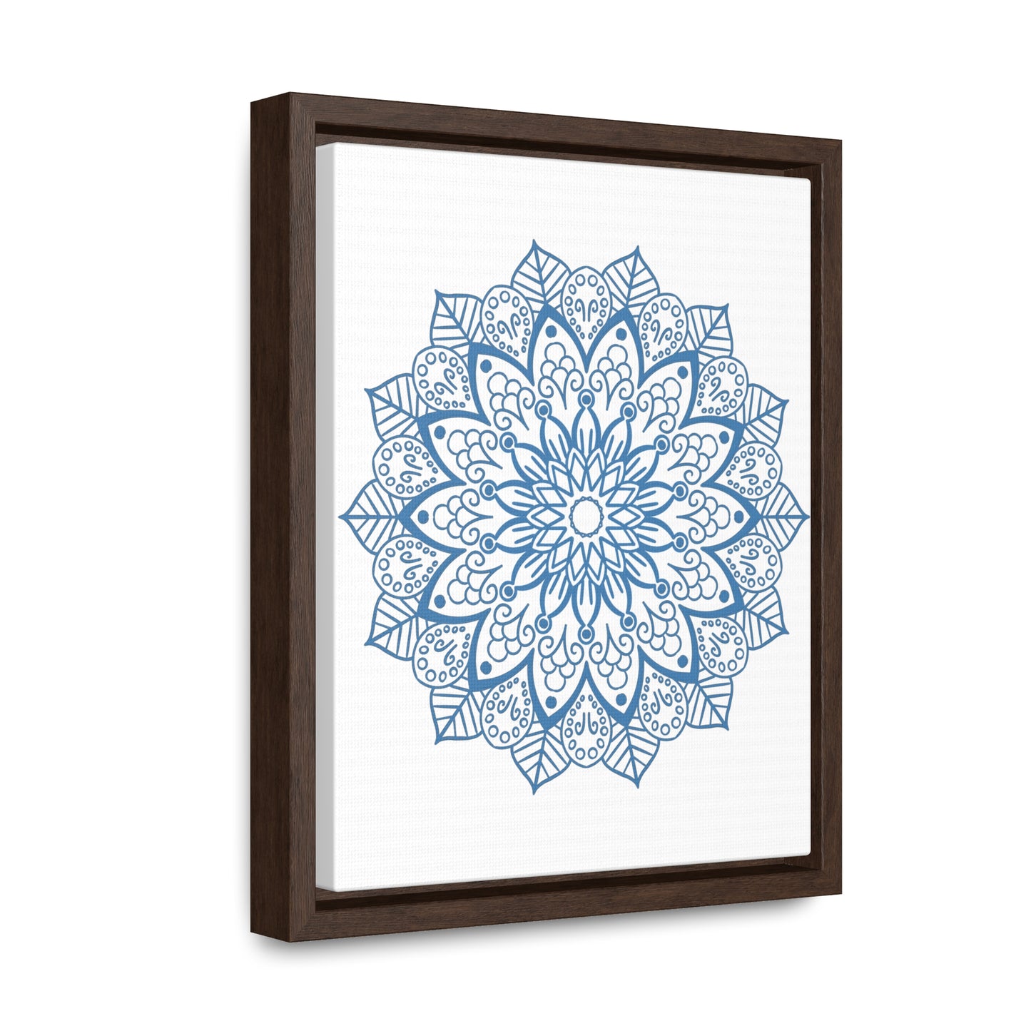 Beautiful handmade mandala design wall art in steel blue on gallery canvas wraps with a vertical frame, perfect for adding a touch of elegance to your home decor