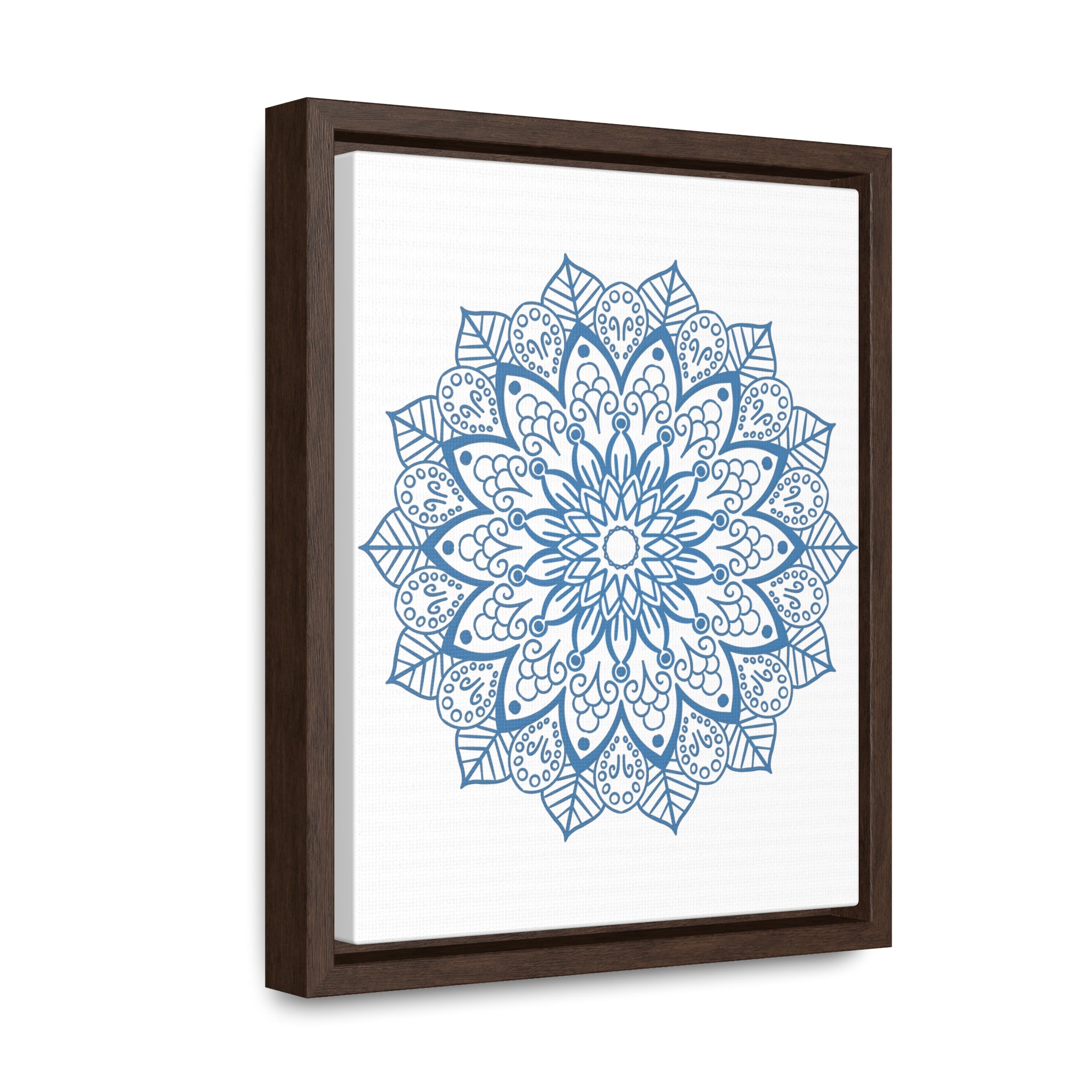 Beautiful handmade mandala design wall art in steel blue on gallery canvas wraps with a vertical frame, perfect for adding a touch of elegance to your home decor