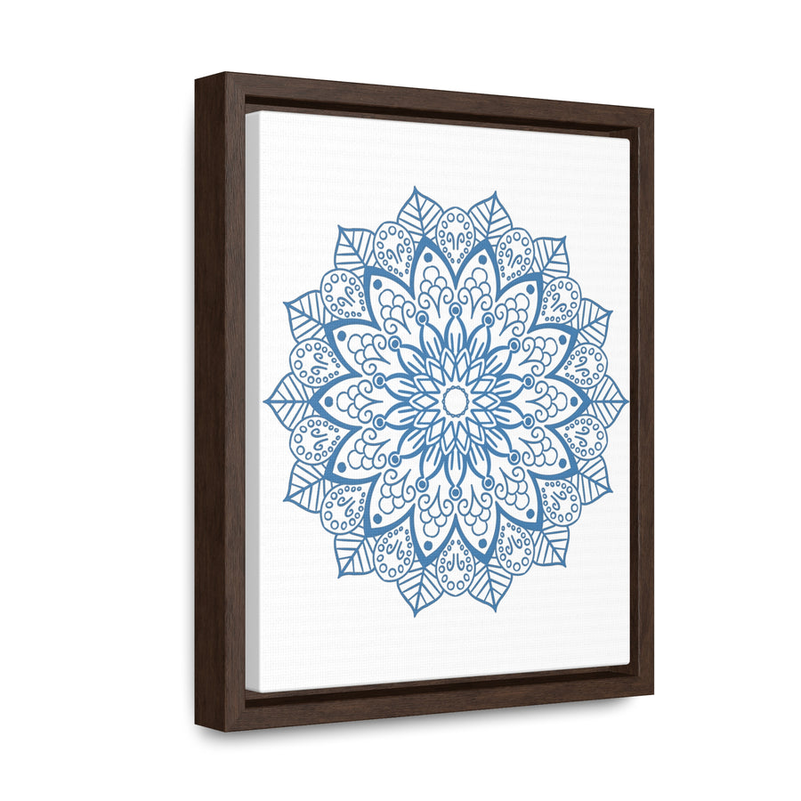Beautiful handmade mandala design wall art in steel blue on gallery canvas wraps with a vertical frame, perfect for adding a touch of elegance to your home decor