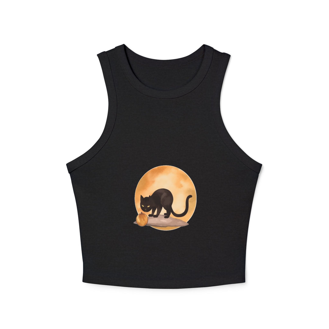 Close-up of Black Cat Moonlit Pumpkin Racerback Tank Top fabric texture