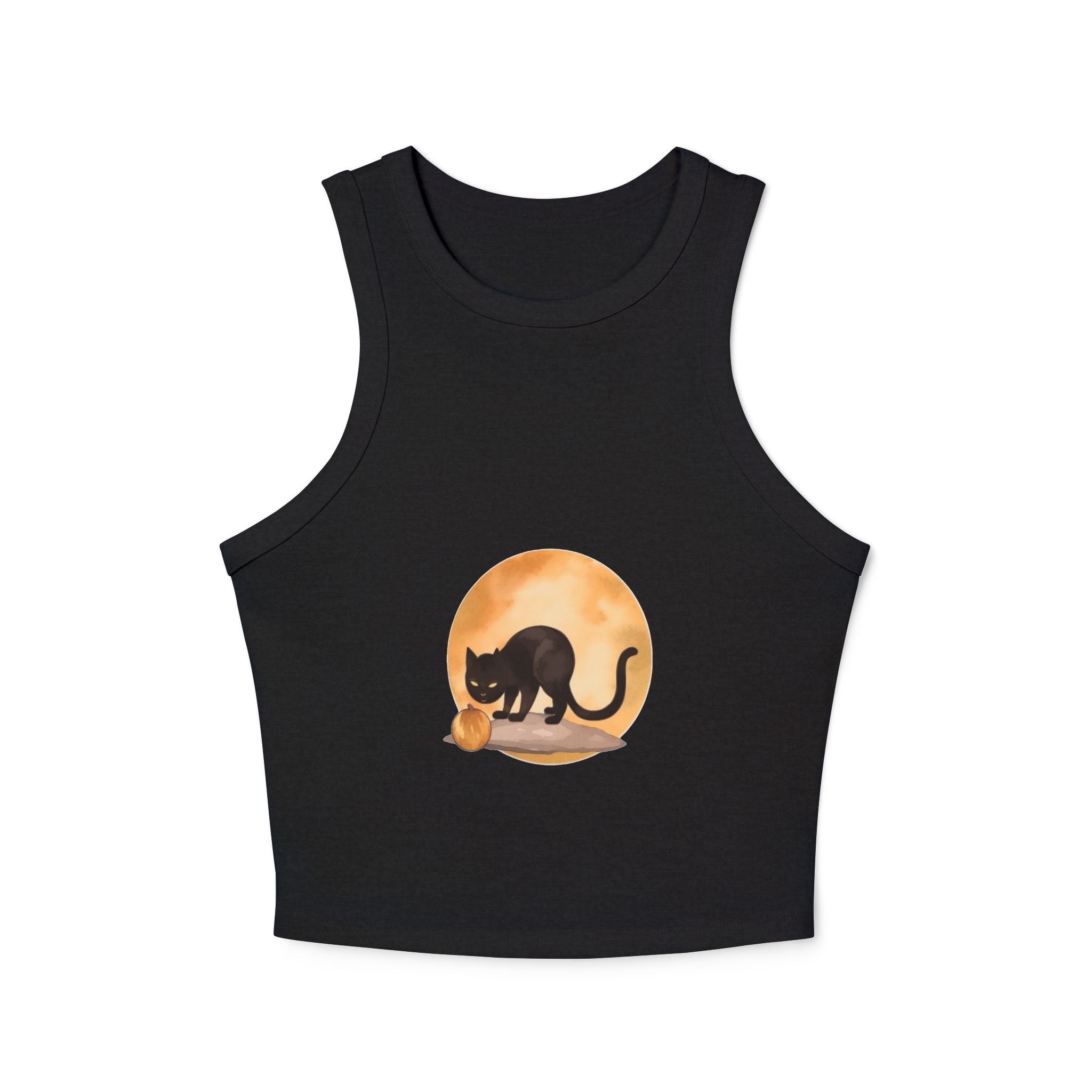 Close-up of Black Cat Moonlit Pumpkin Racerback Tank Top fabric texture