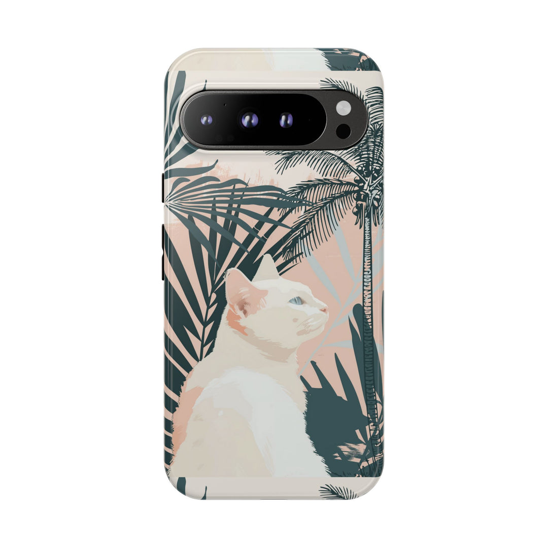 Tropische Katzen-Telefonhülle mit üppigen Palmenmotiven und sanften Pastelltönen