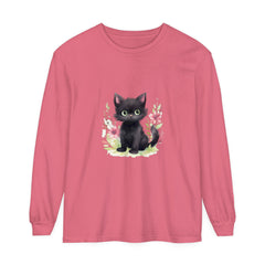 A cute and playful kitten surrounded by colorful floral watercolor design on a t-shirt