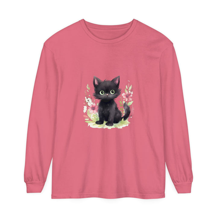 A cute and playful kitten surrounded by colorful floral watercolor design on a t-shirt