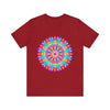 Vibrant and intricate mandala design on a t-shirt, featuring psychedelic art in various colors and patterns