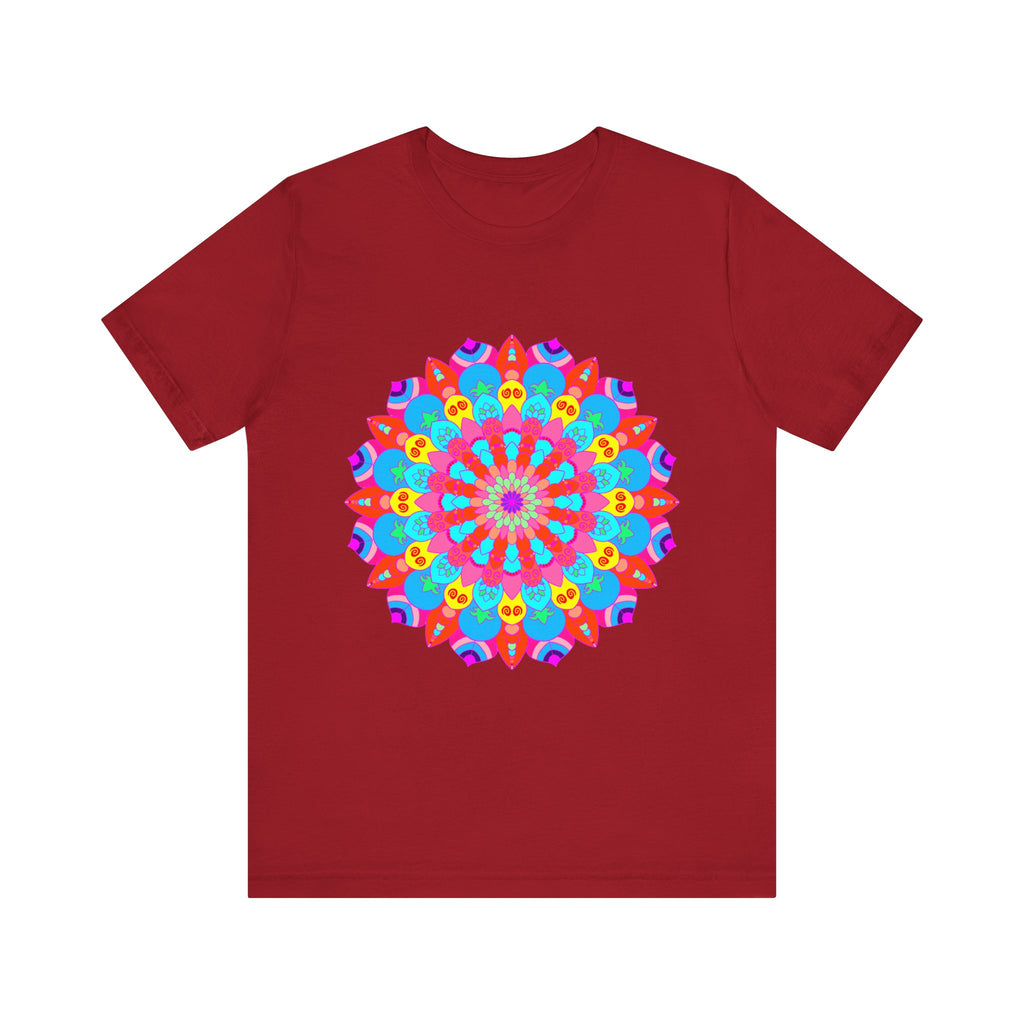 Vibrant and intricate mandala design on a t-shirt, featuring psychedelic art in various colors and patterns