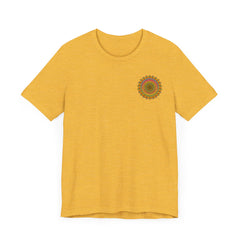 A colorful and intricate mandala design adorns this vibrant tee, promoting spiritual peace and harmony