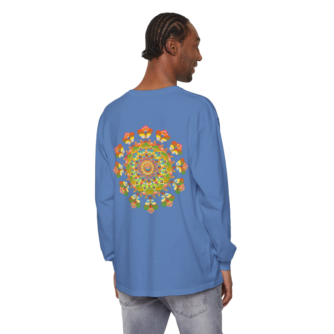 Colorful long sleeve T-shirt with vibrant mandala design, perfect for art lovers