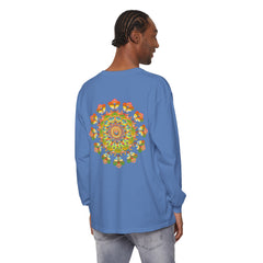 Colorful long sleeve T-shirt with vibrant mandala design, perfect for art lovers