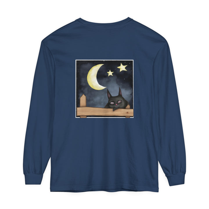 Comfortable black t-shirt featuring a cute sleepy cat surrounded by a beautiful night sky design