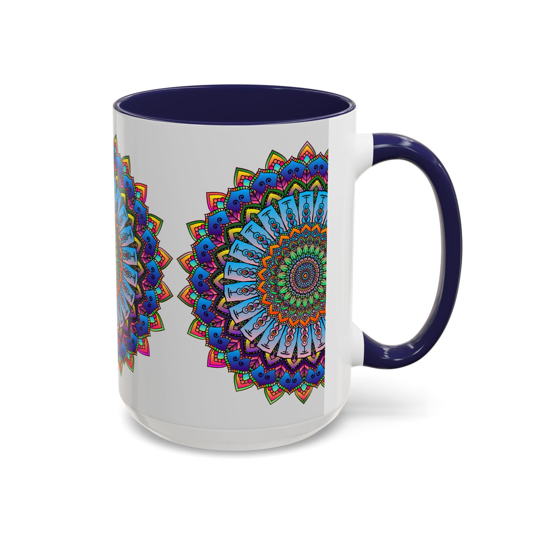 Vibrant Mandala Mug featuring colorful art designs on a grey background