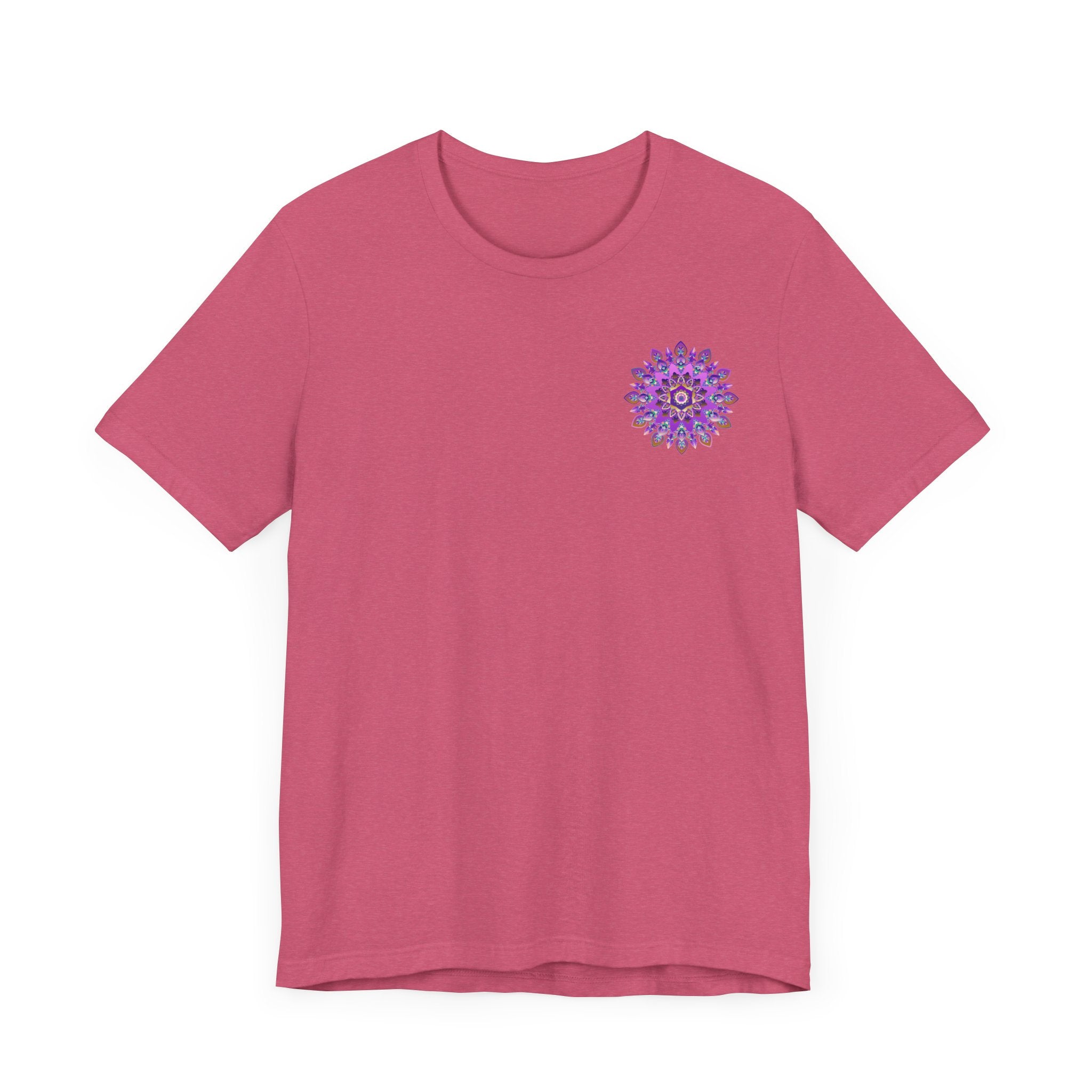 Beautiful purple mandala t-shirt featuring intricate design symbolizing spiritual peace and harmony, perfect for spreading positive energy and calm vibes