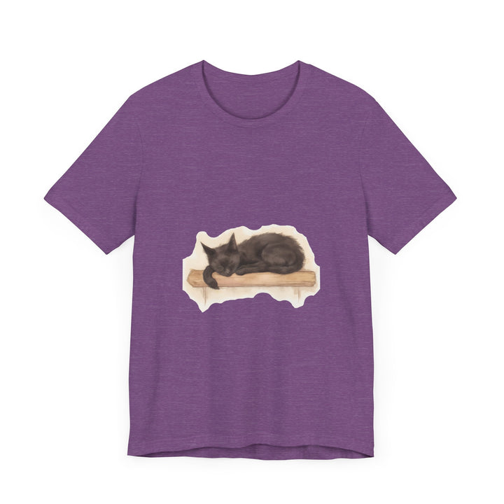 Beautiful watercolor illustration of a sleeping black cat on a comfortable t-shirt