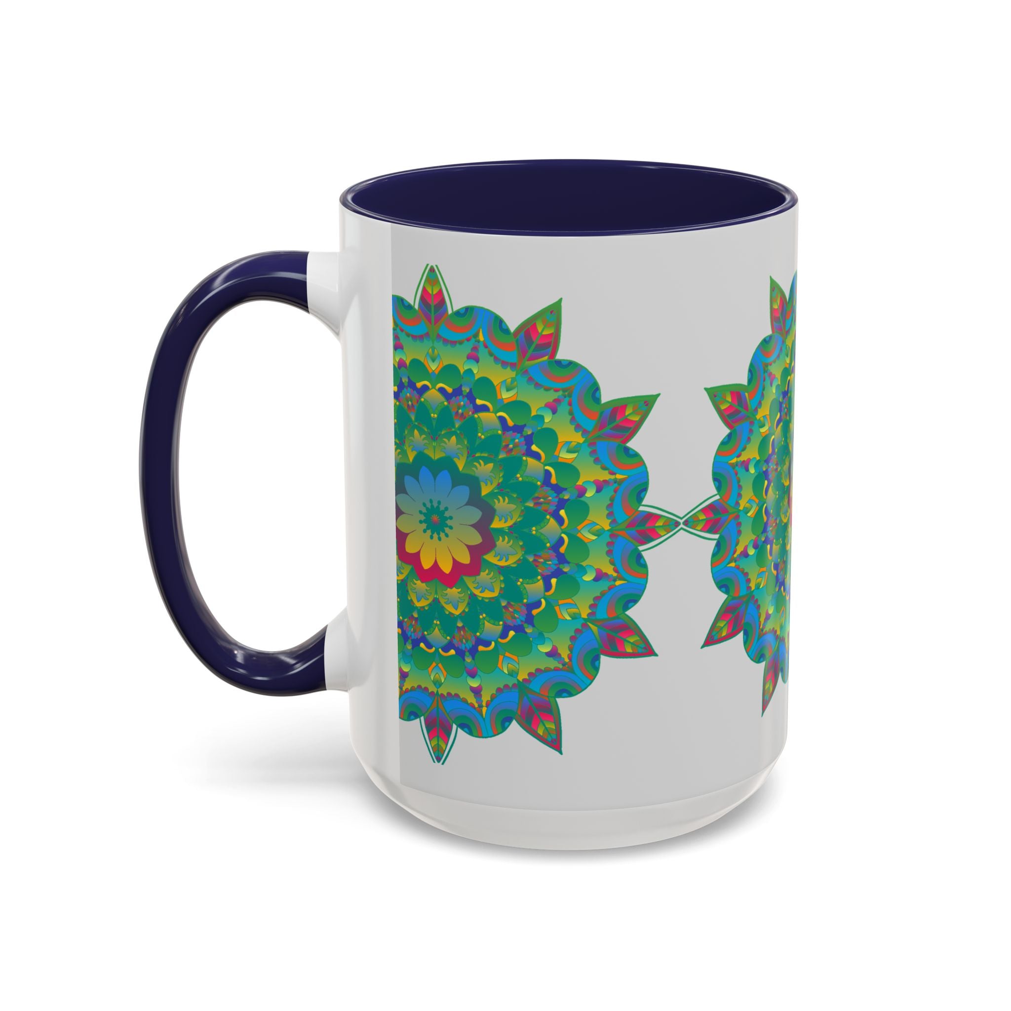 A vibrant and intricate mandala art mug featuring a colorful floral design