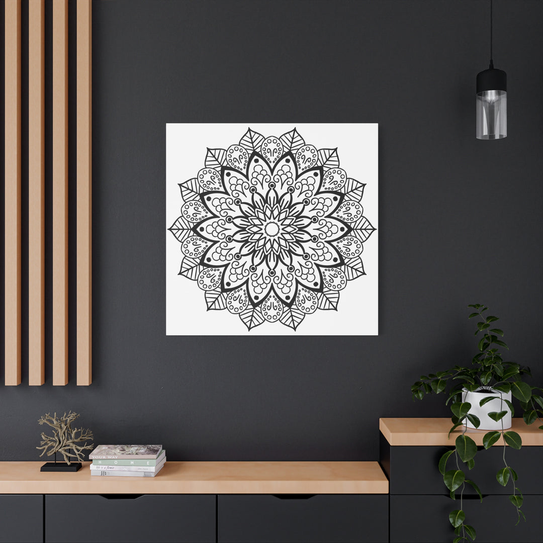 Handmade black and white mandala art on matte canvas, stretched, 125 thickness