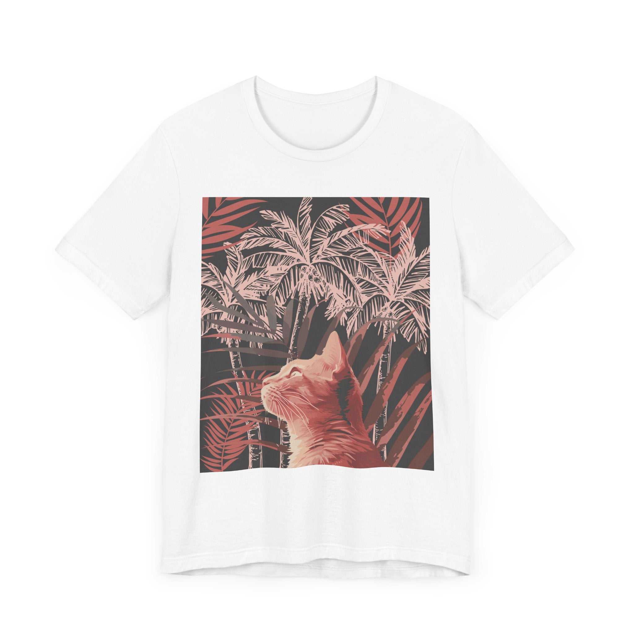 Vibrant and playful ginger cat and palm tree graphic tee for women