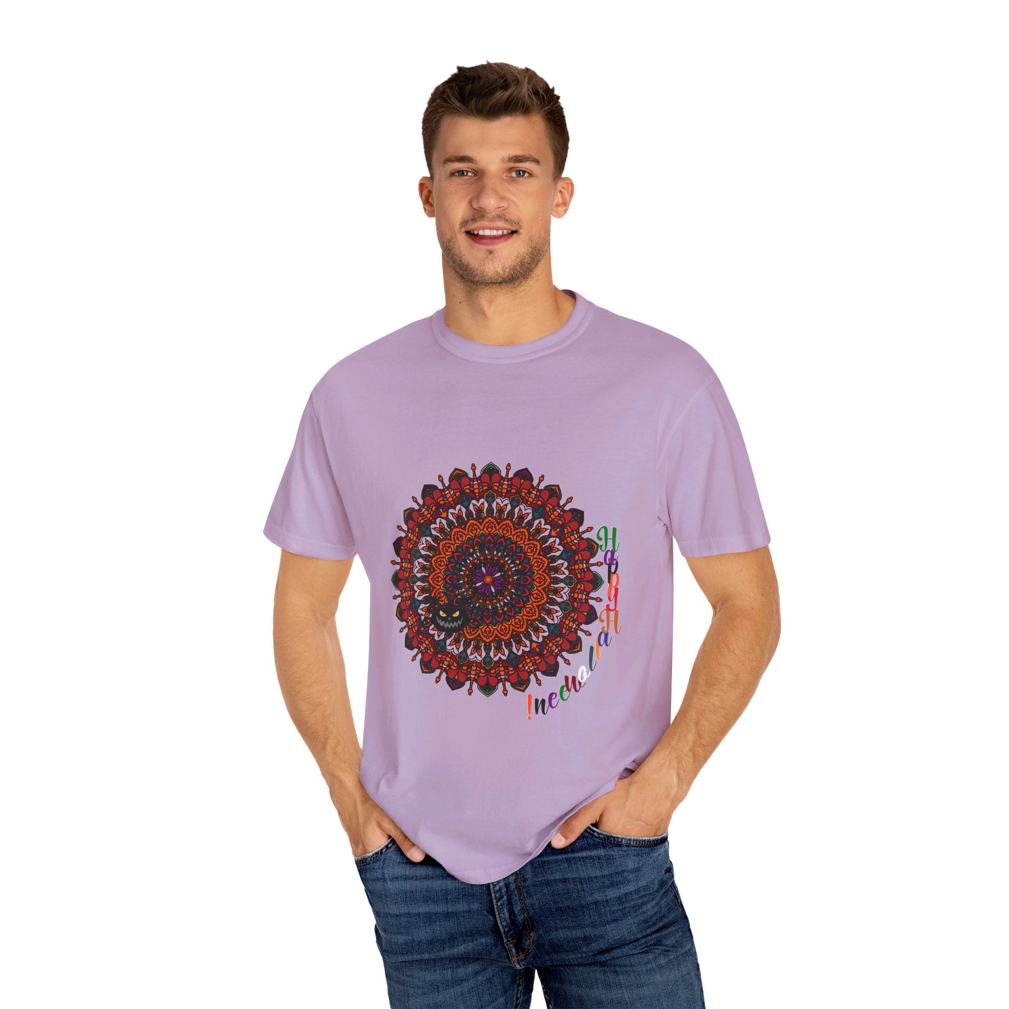 Handmade unisex Halloween mandala T-shirt featuring pumpkin mandala art on a garment-dyed tee