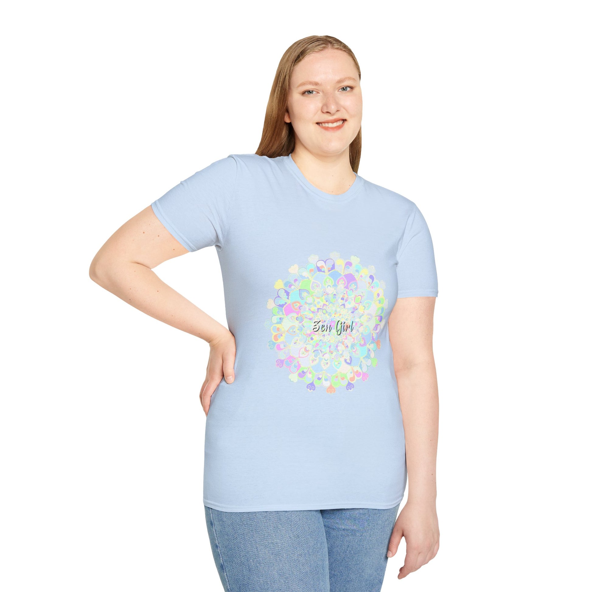 Colorful Mandala T-shirt with intricate and unique design featuring vibrant patterns and symbols