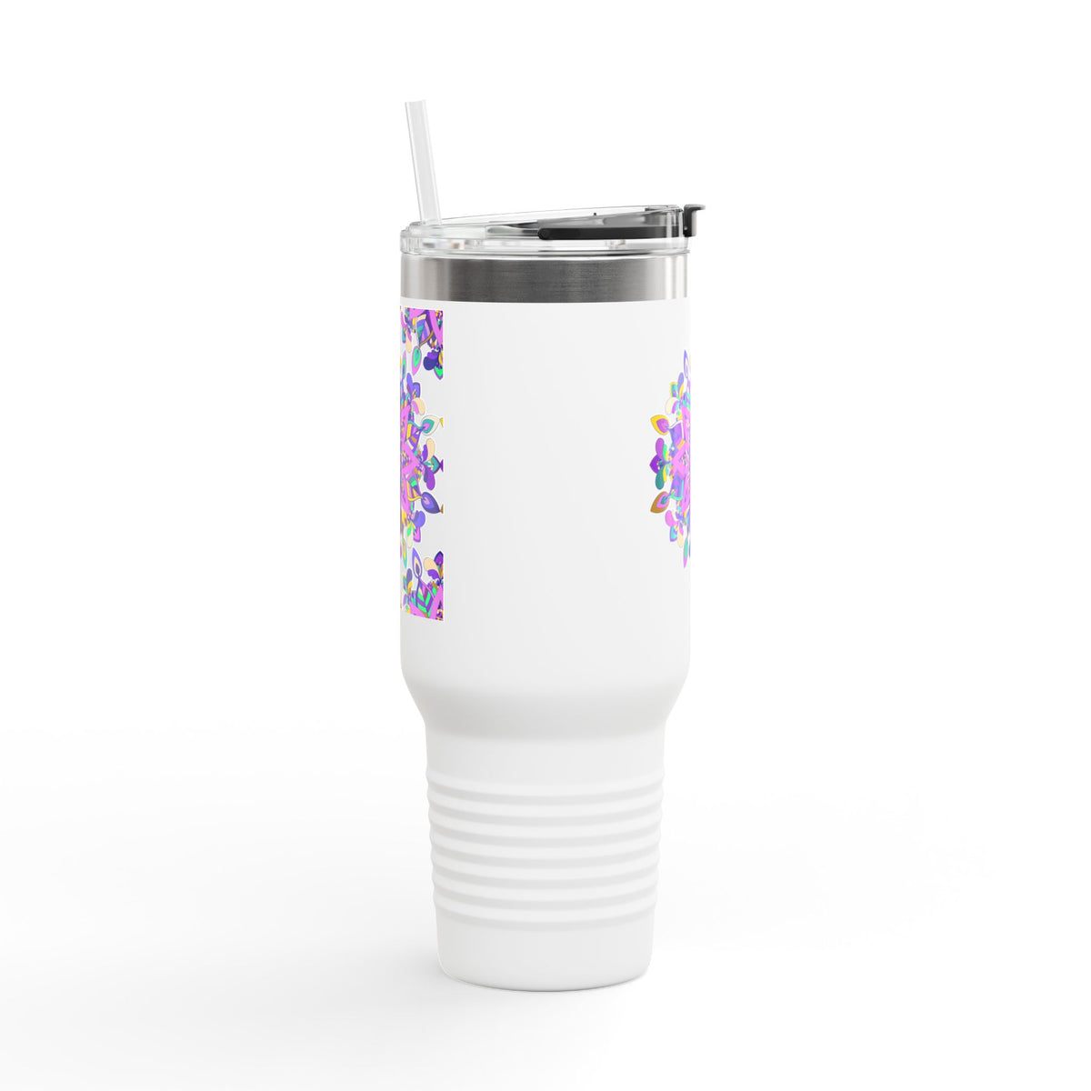 40oz Insulated Travel Mug — Purple Floral Mandala Design