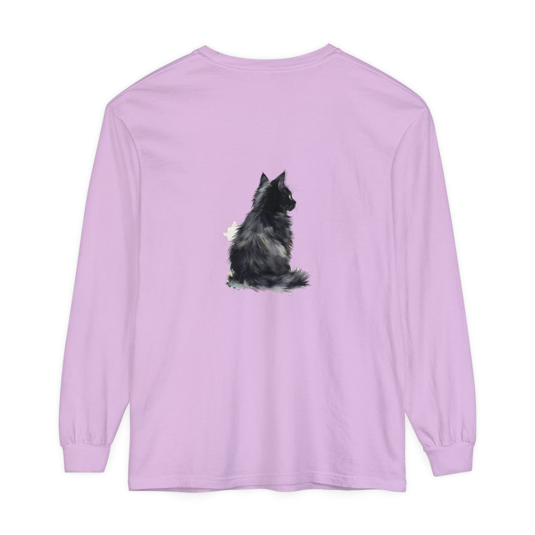 Watercolor long sleeve t-shirt featuring a beautiful black and white cat design