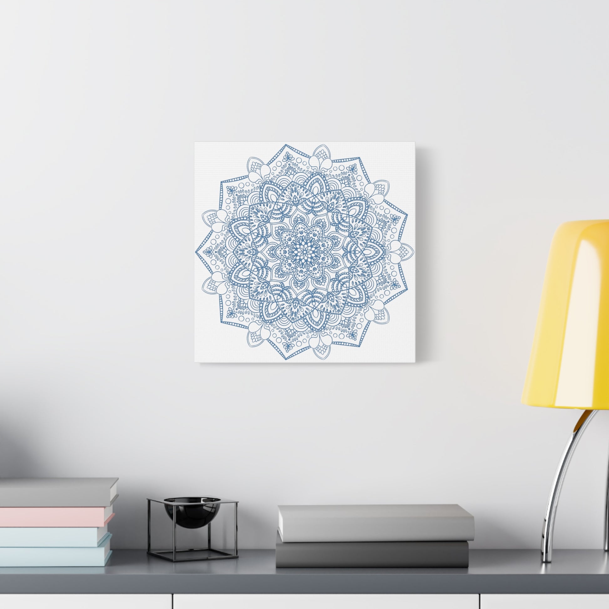 Handmade Mandala Art in Steel Blue on Matte Canvas Stretched 125 Inches