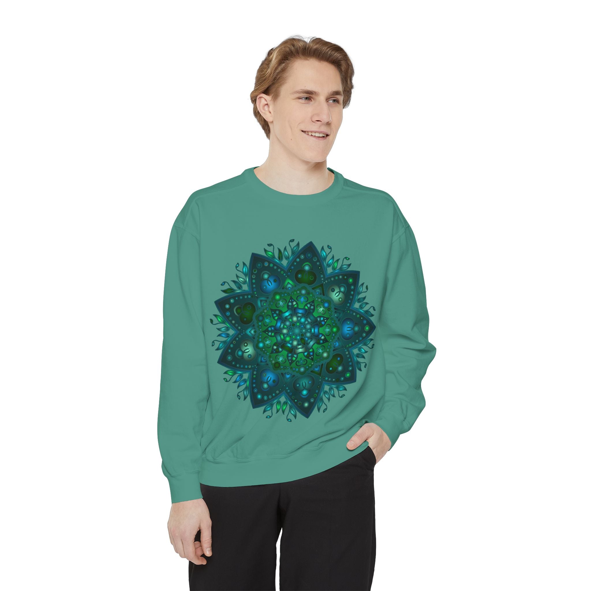 A detailed teal and blue mandala sweatshirt featuring an intricate design