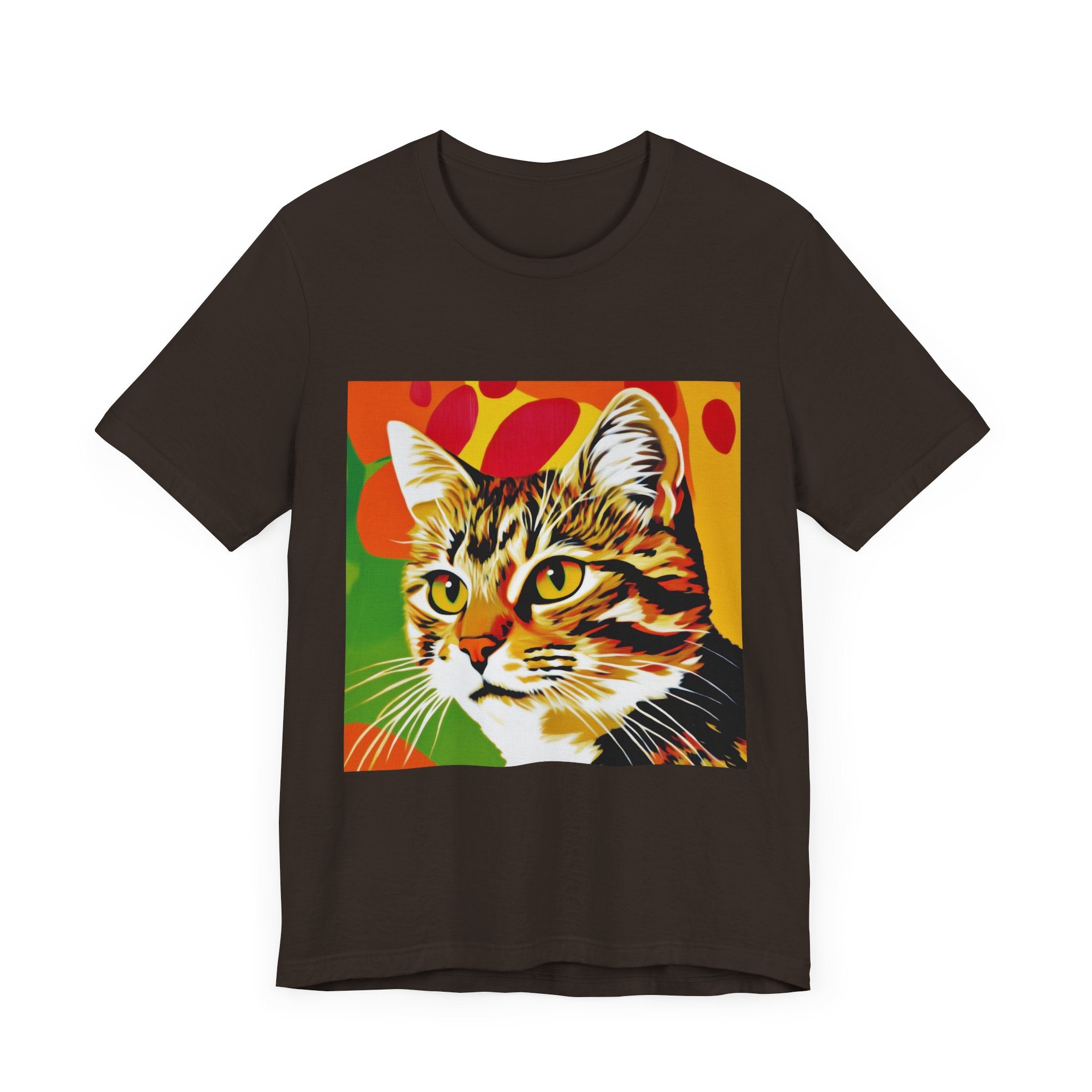 A vibrant short sleeve tee featuring a pop art design of a tabby cat