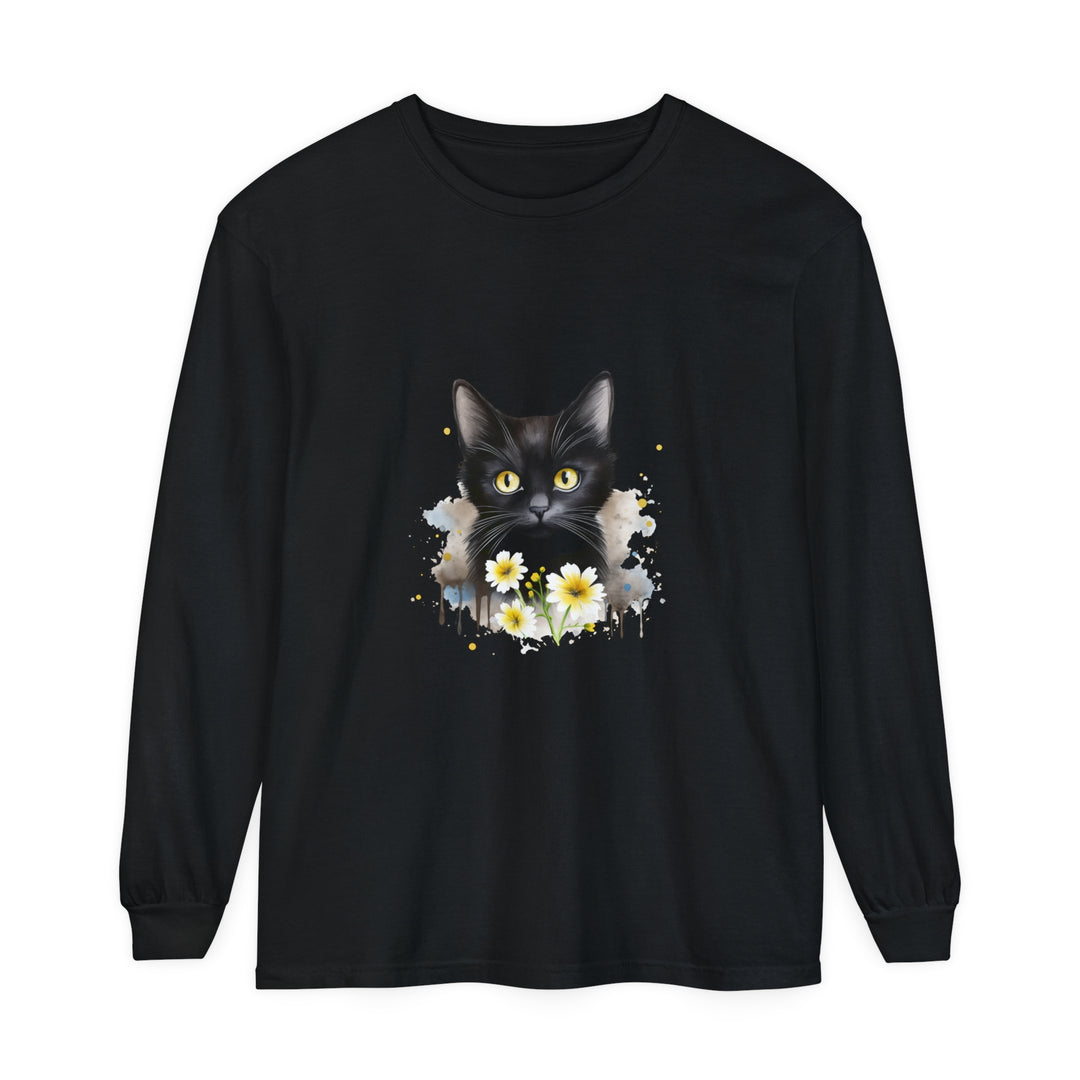 A beautiful unisex black cat watercolor floral graphic t-shirt