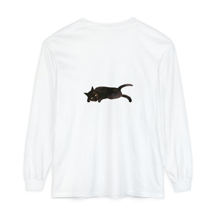 A cozy black unisex long sleeve t-shirt featuring a sleeping cat design