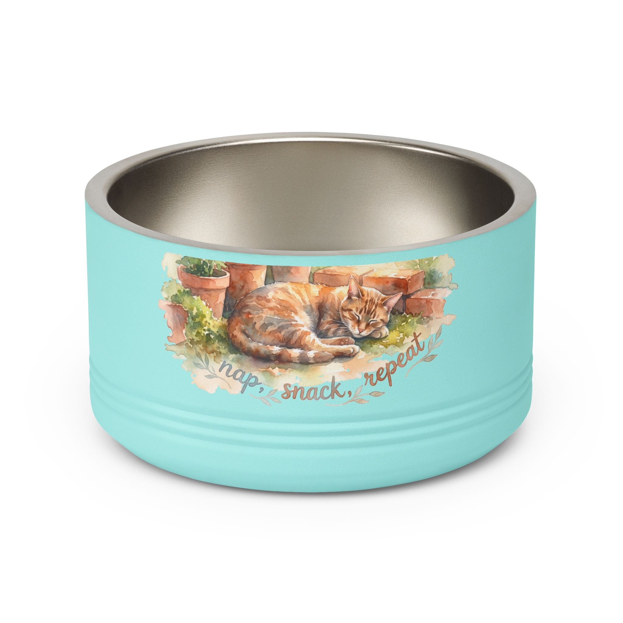 18oz Ceramic Pet Bowl — Watercolor Ginger Cat "Nap. Snack. Repeat."