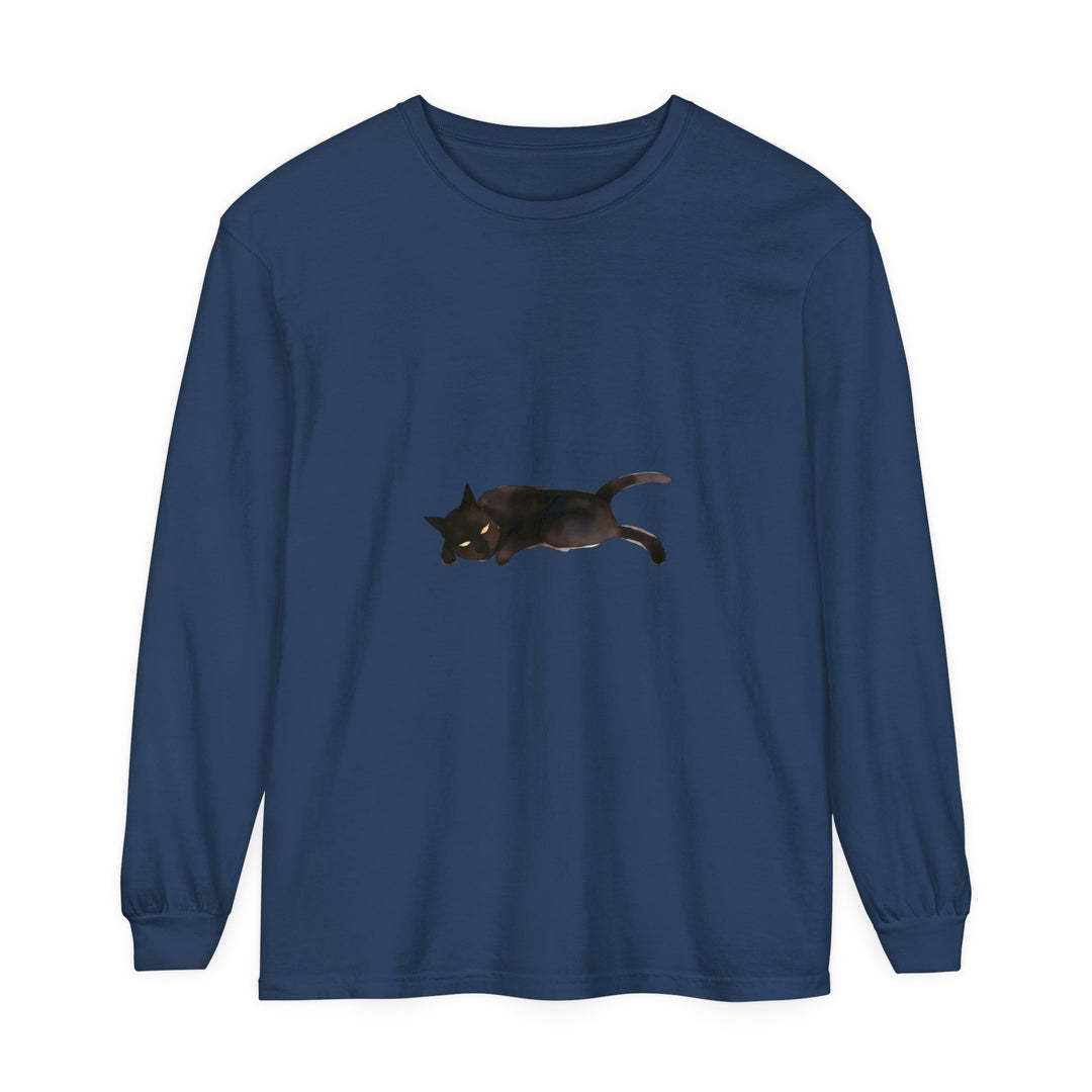 Black cat with closed eyes sleeping peacefully on a unisex long sleeve t-shirt