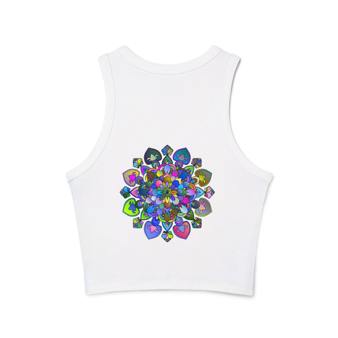 Vibrant Mandala Racerback Tank Top with intricate, colorful mandala design, perfect for yoga or casual wear, available in multiple sizes and vibrant colors