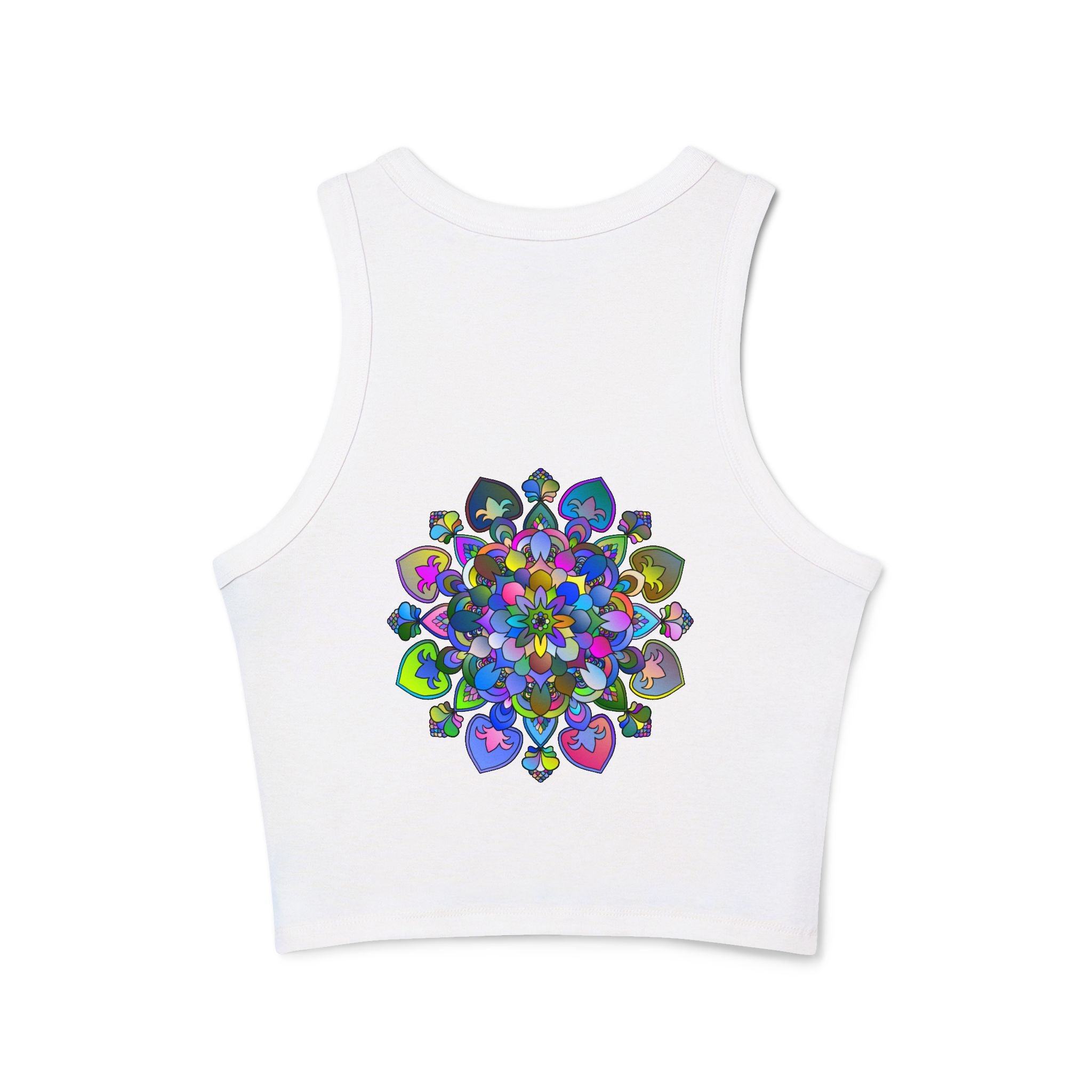 Vibrant Mandala Racerback Tank Top with intricate, colorful mandala design, perfect for yoga or casual wear, available in multiple sizes and vibrant colors