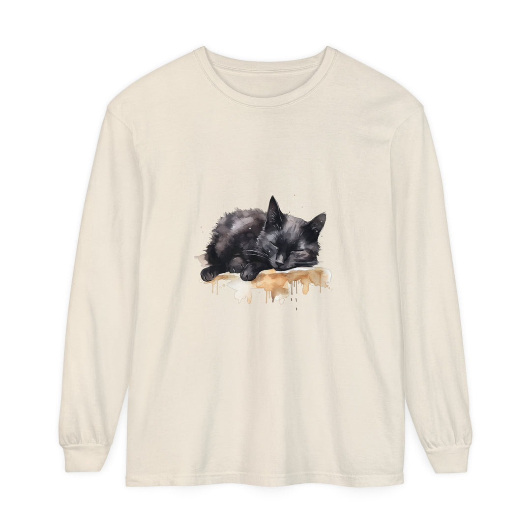 A stunning watercolor illustration of a sleeping black cat on a comfortable t-shirt