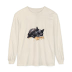 A stunning watercolor illustration of a sleeping black cat on a comfortable t-shirt