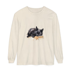 A stunning watercolor illustration of a sleeping black cat on a comfortable t-shirt