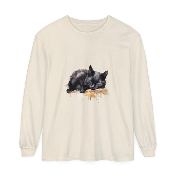 A stunning watercolor illustration of a sleeping black cat on a comfortable t-shirt