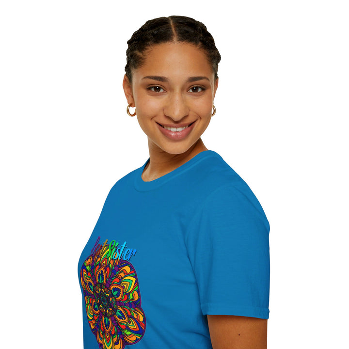 Softstyle unisex t-shirt featuring hand-drawn mandala art design, perfect gift for sister